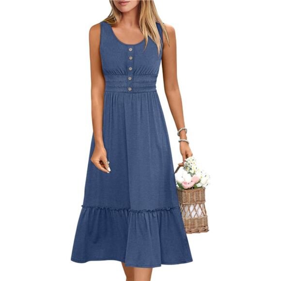 HARPER™ - Casual Smocked Empire Waist A-Line Dress with Button-Up Detail main image 1